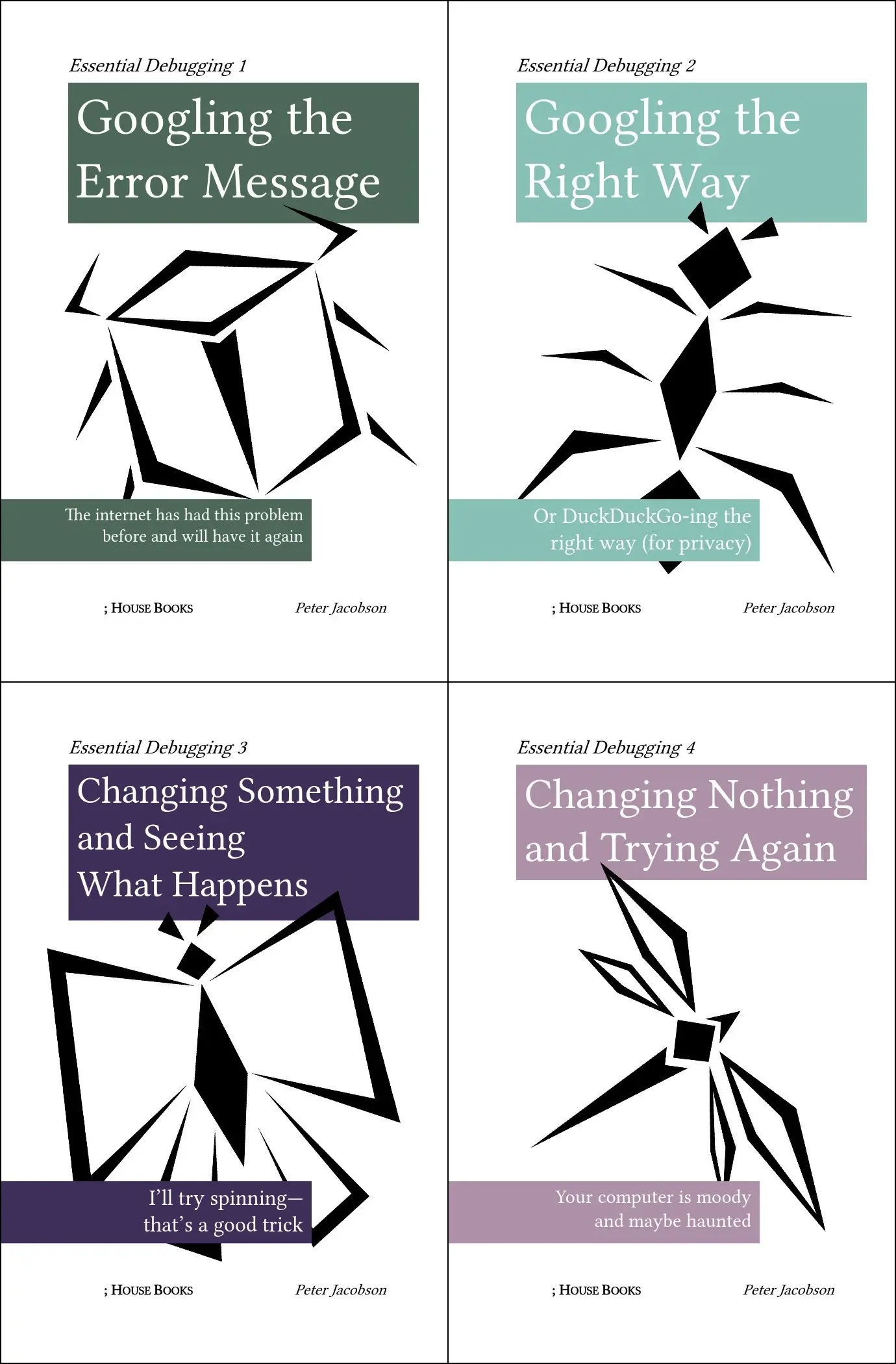 Book covers describing varioius methods of debugging